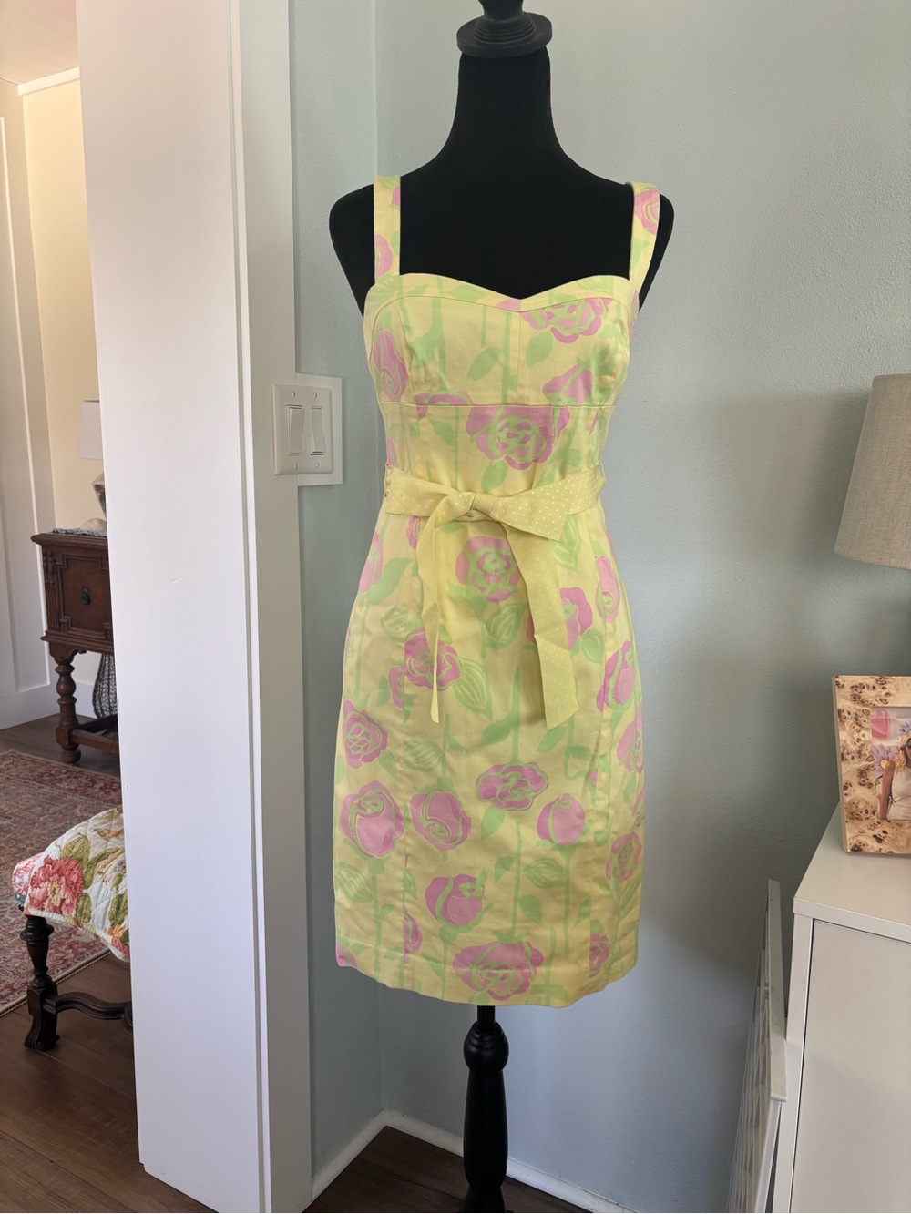 Lilly Pulitzer Yellow Floral Midi Dress with Pink RosesVTG size 4
